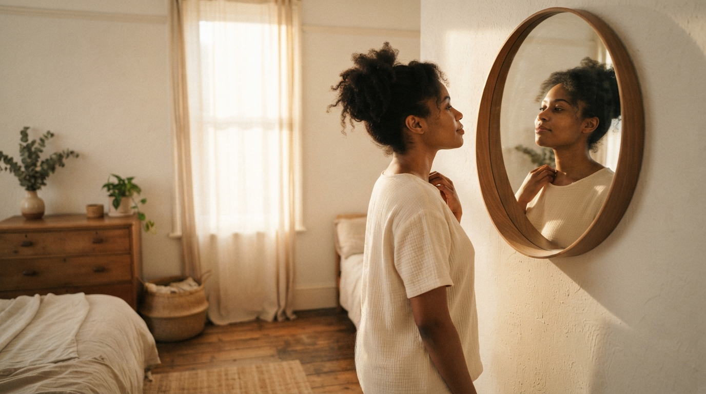 Woman confidently facing mirror in morning light